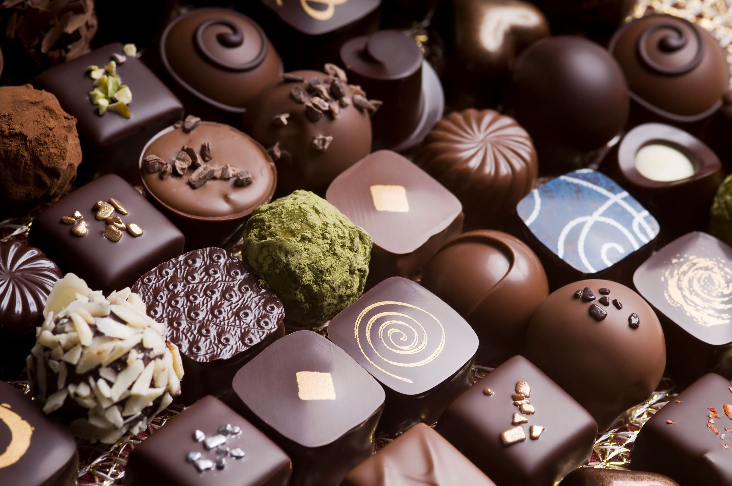 An assortment of high protein chocolate candies, displayed in a decorative arrangement.